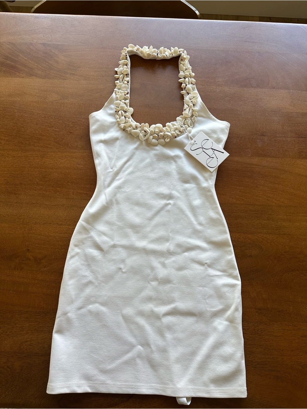 Ivory Halter Shell-Embellished Dress - Picture 3 of 8